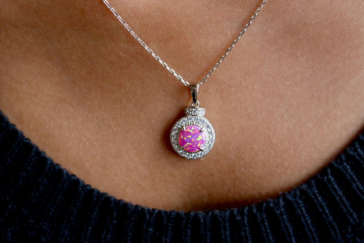 Sterling Silver Circle Opal Necklace