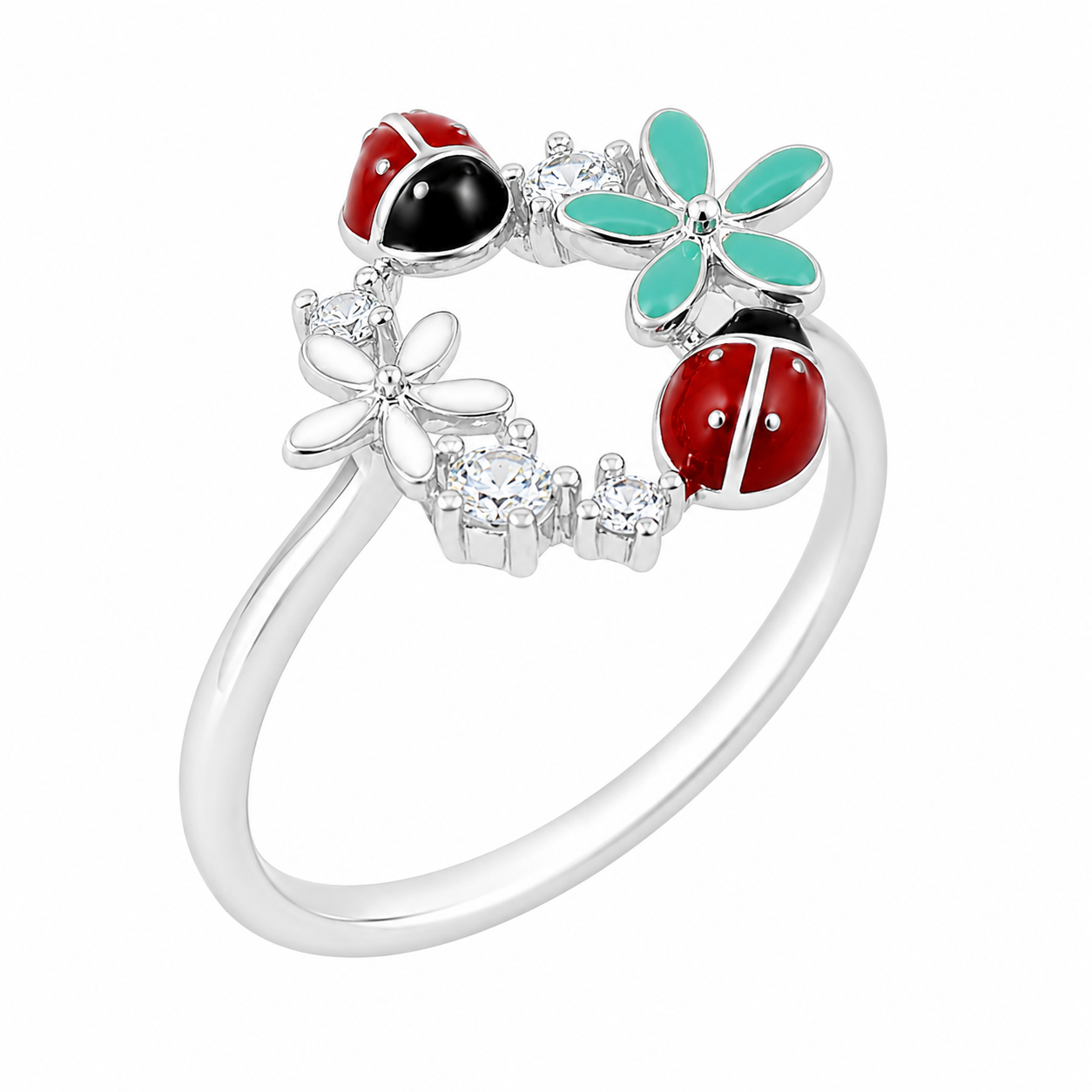 Sterling Silver CZ Multicolor Enamel Ladybug & Flower Ring