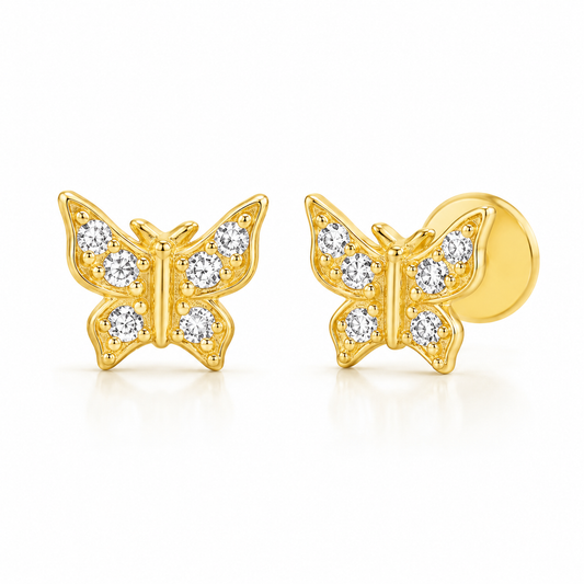 Sterling Silver CZ Dainty Butterfly Steel Flat Back Stud Earrings