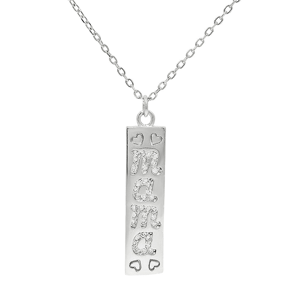 Sterling Silver Rectangle Pendant W/ CZ "MAMA" & Hearts Necklace