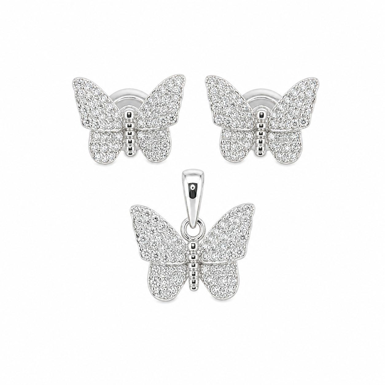 Sterling Silver CZ Butterfly Pendant & Earrings Set
