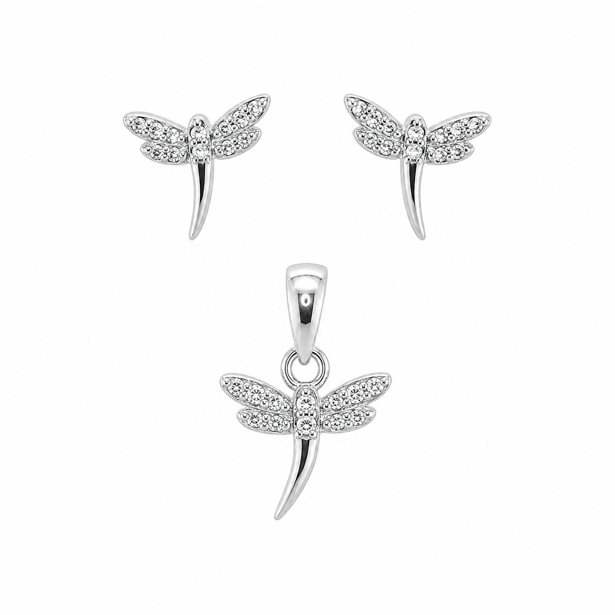Sterling Silver CZ Dragonfly Pendant & Earrings Set