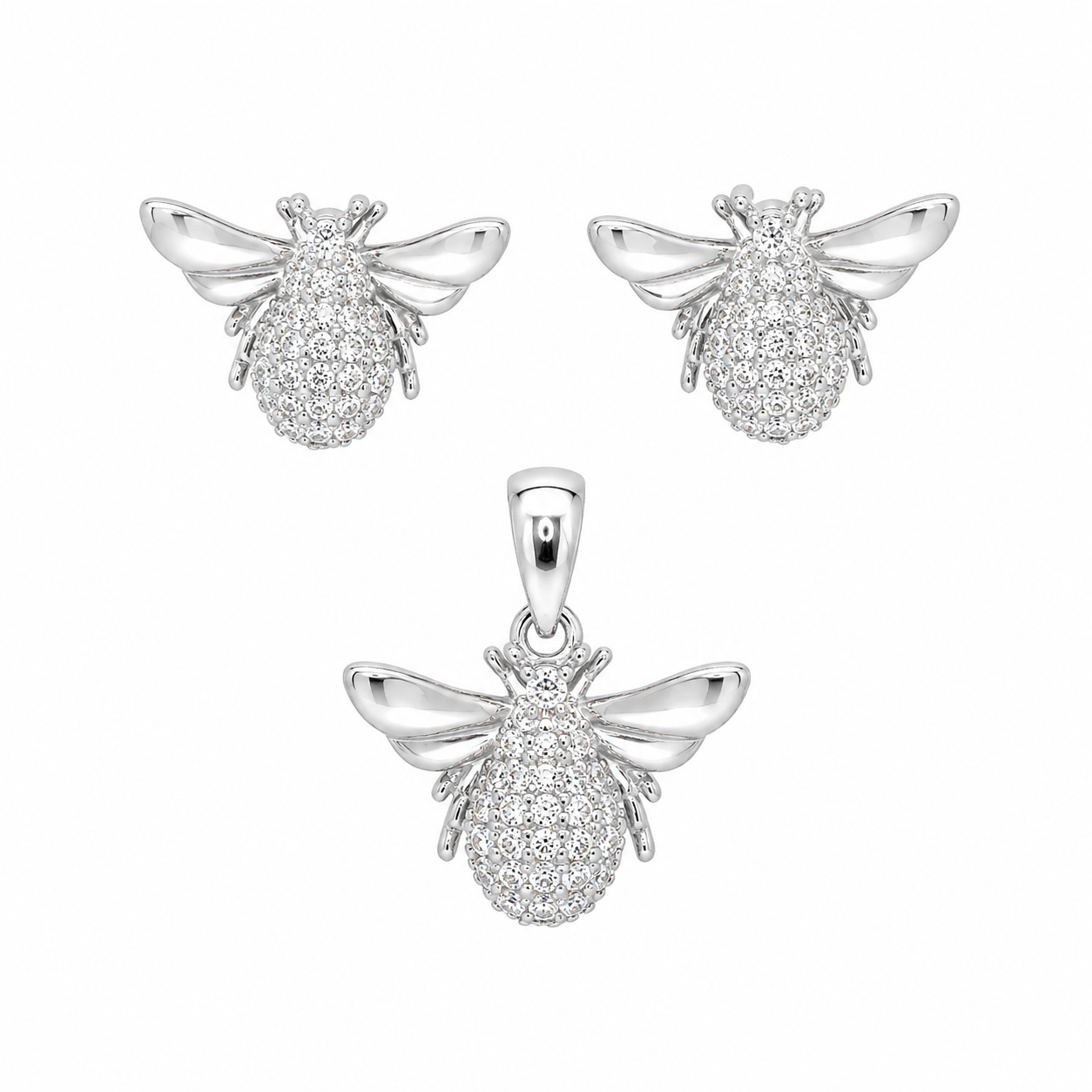 Sterling Silver CZ Bumble Bee Pendant & Earrings Set