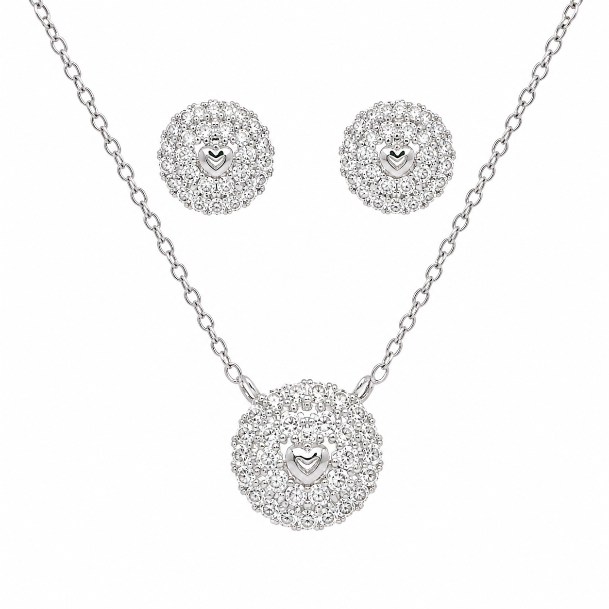 Sterling Silver CZ Heart Halo Necklace & Earrings Set