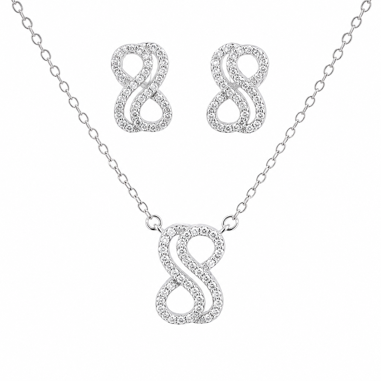 Sterling Silver CZ Double Infinity Necklace & Earrings Set