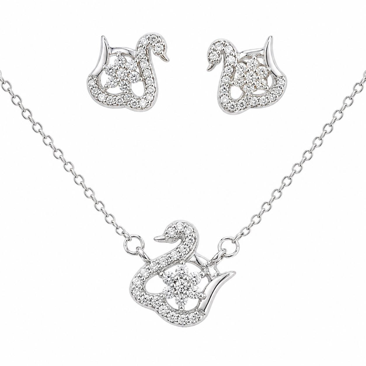 Sterling Silver CZ Swan Flower Necklace & Earrings Set