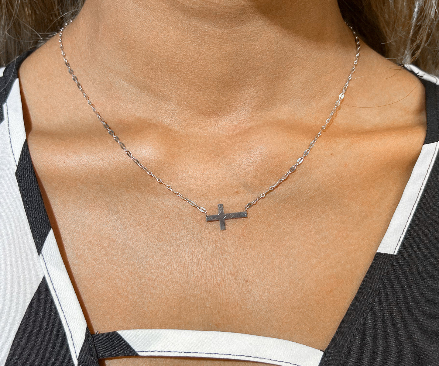 925 Sterling Silver Lana Chain Plain Sideways Cross Necklace