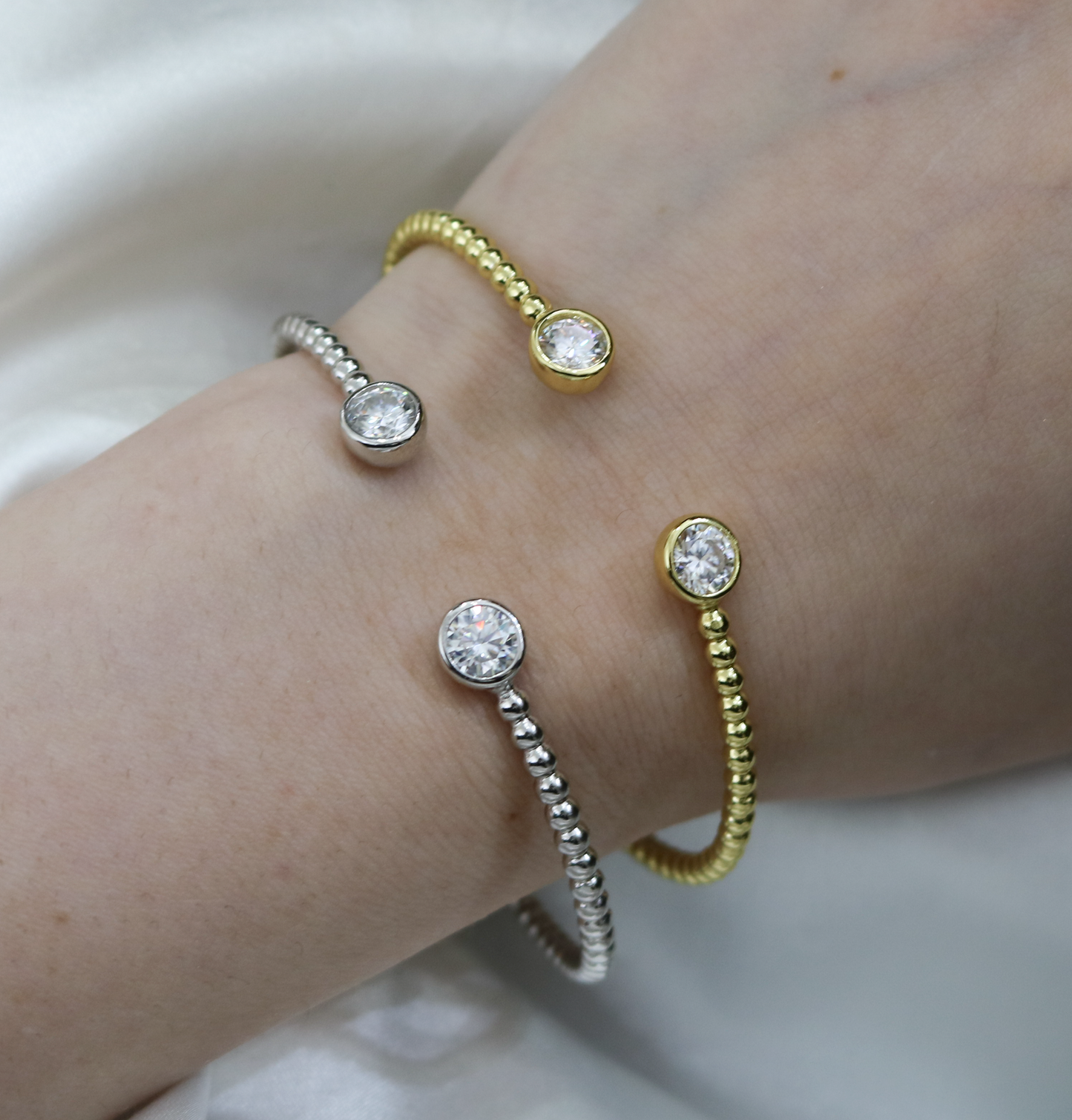 Sterling Silver Moissanite Bubble Beaded Open Cuff Bangle