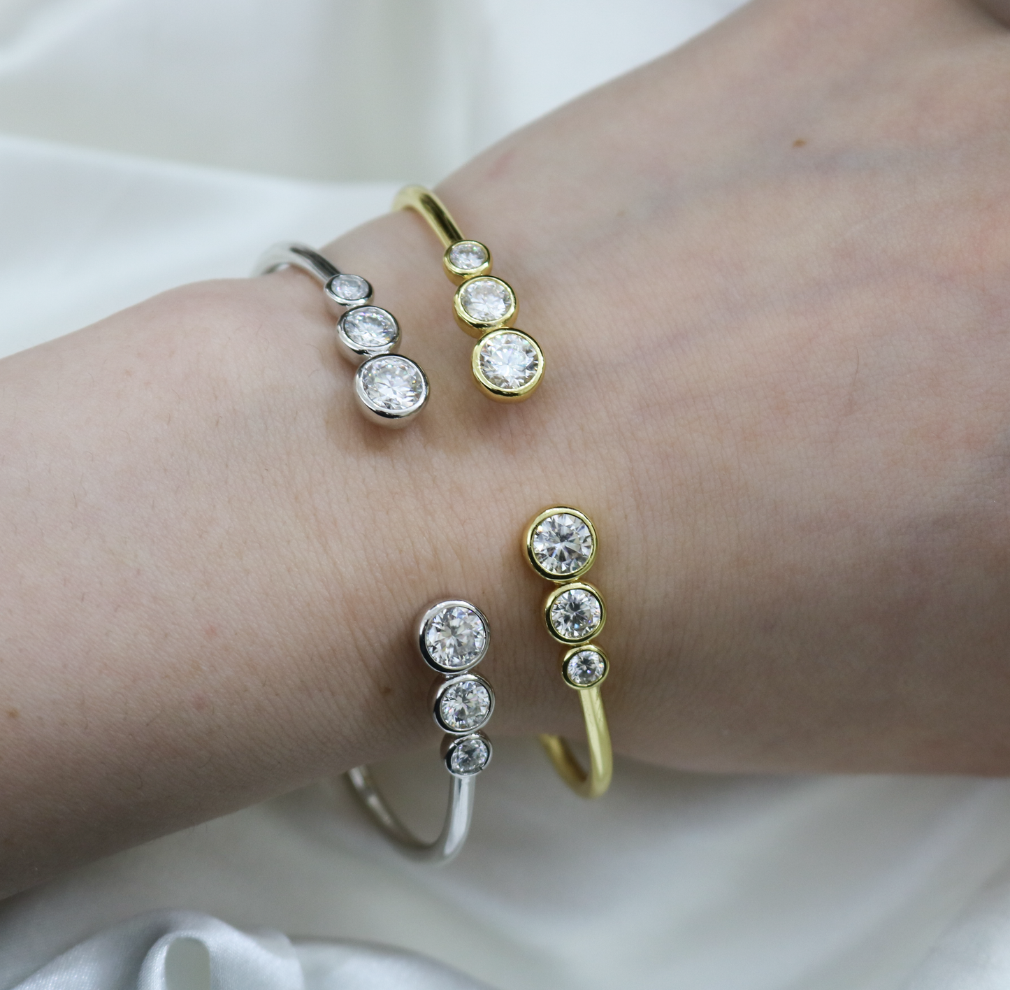 Sterling Silver Moissanite Triple Bubble Open Cuff Bangle