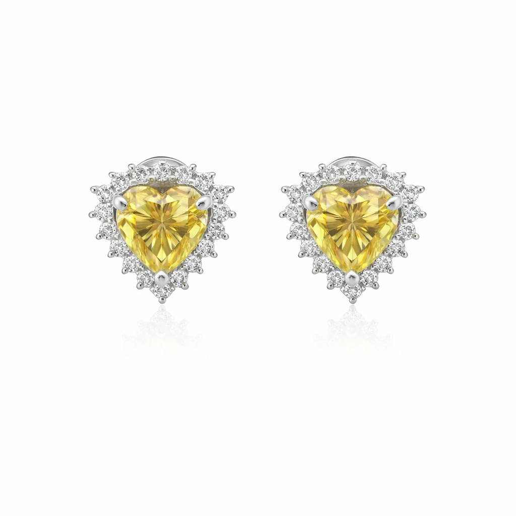 Sterling Silver 3.18 CTW Moissanite Yellow Heart Clear Halo Stud Earrings
