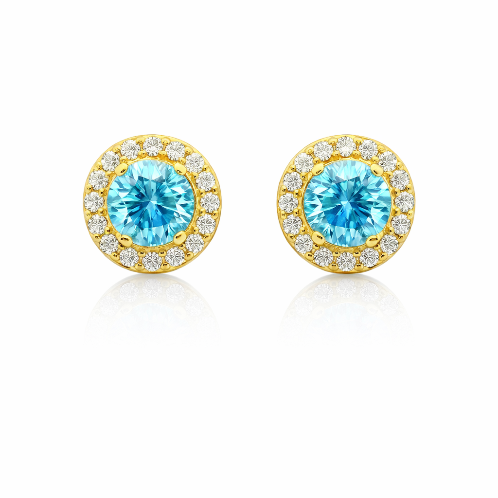 Sterling Silver Gold Plated 3.15 CTW Moissanite Blue / Clear Round Stud Earrings