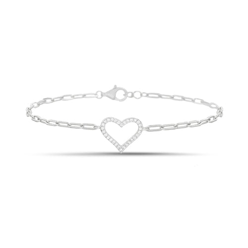 Sterling Silver CZ Heart Paperclip Chain Bracelet (7"+1")