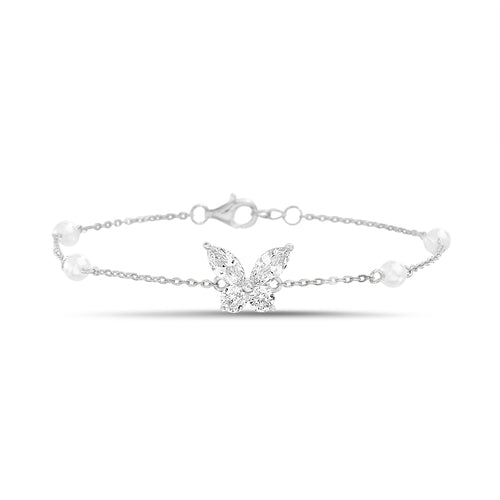 Sterling Silver Cz Butterfly Pearl Station Bracelet (7"+1")