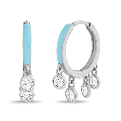 Sterling Silver Turquoise Dangling CZ Huggie Hoop Earrings