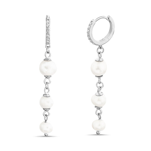 Sterling Silver CZ Dangling Pearl Huggie Earrings