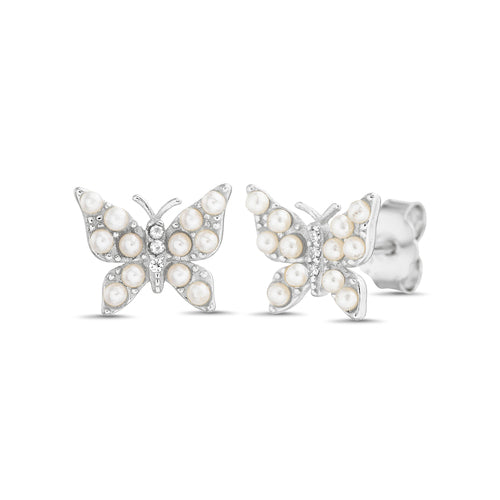 Sterling Silver Pearl & CZ Butterfly Earrings