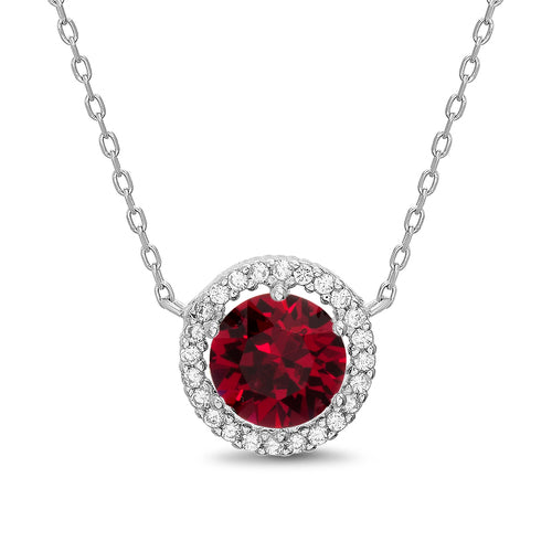 Sterling Silver Round Colored CZ Clear Halo Necklace