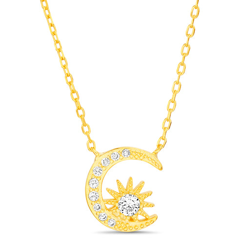 Sterling Silver CZ Crescent Moon & Sun Necklace