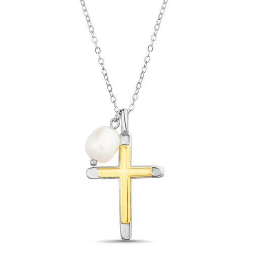 Sterling Silver Two Tone Cross W/ Pearl Necklace