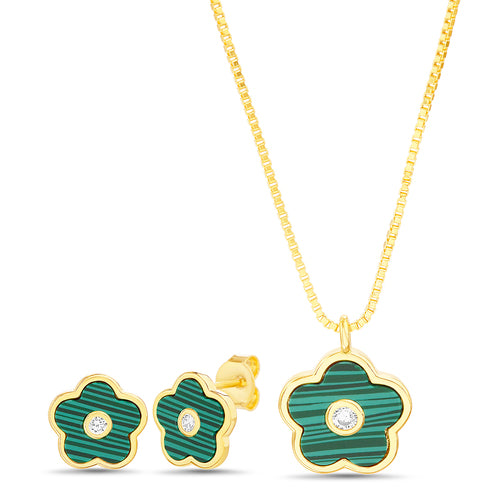 Sterling Silver Enamel Flower W/ CZ Center Necklace & Earrings Set