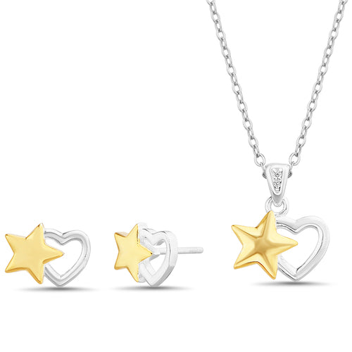 Sterling Silver Two Tone Heart/Star Pendant & Earrings Set (Chain NOT Included)