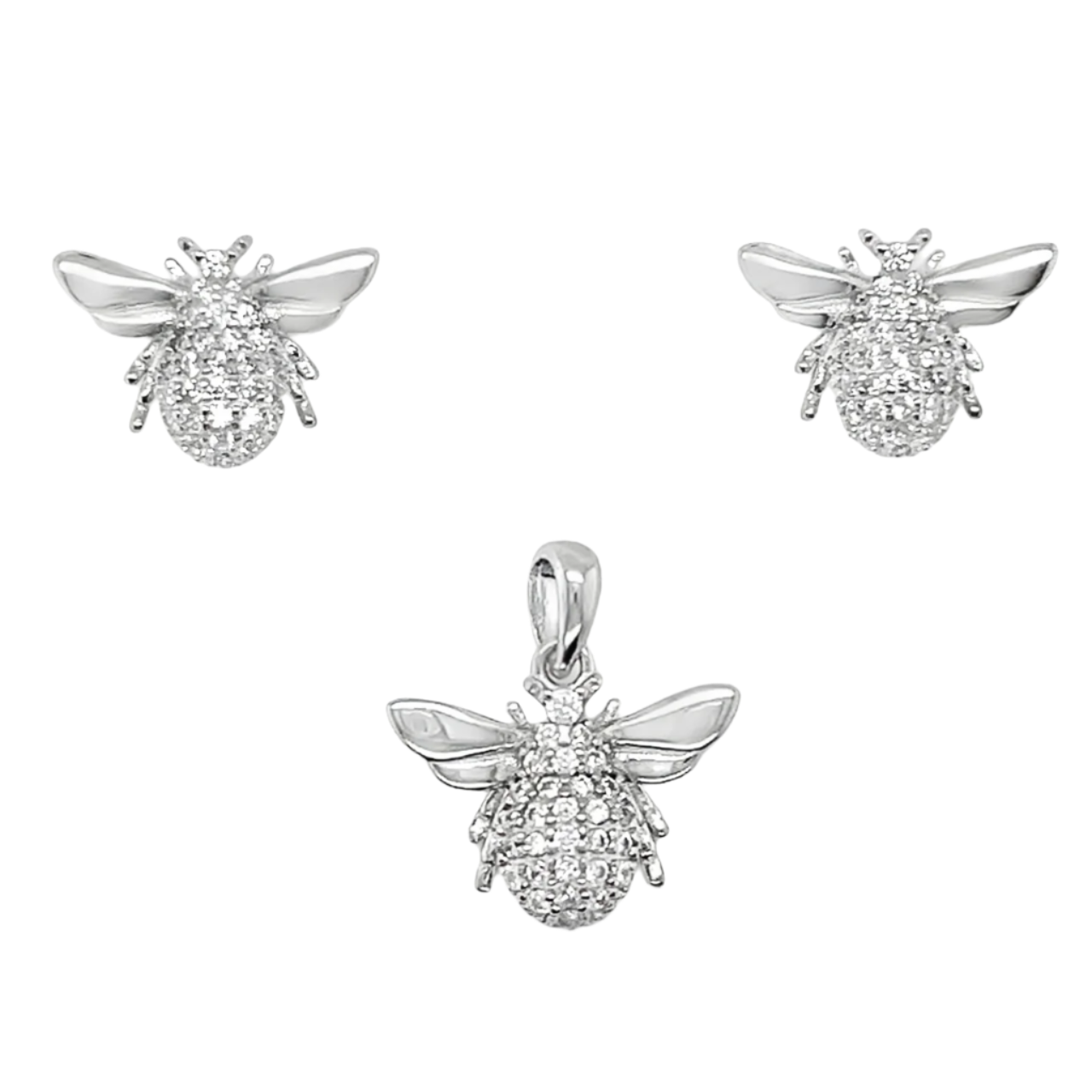 Sterling Silver CZ Insect Fly Pendant & Earrings Set