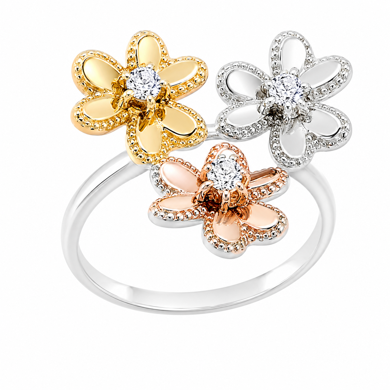 Sterling Silver Tri Color 3 Flower Ring