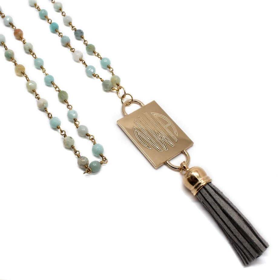 Fashion Engravable Tassel with Hematit and Amazonite Bead Necklace