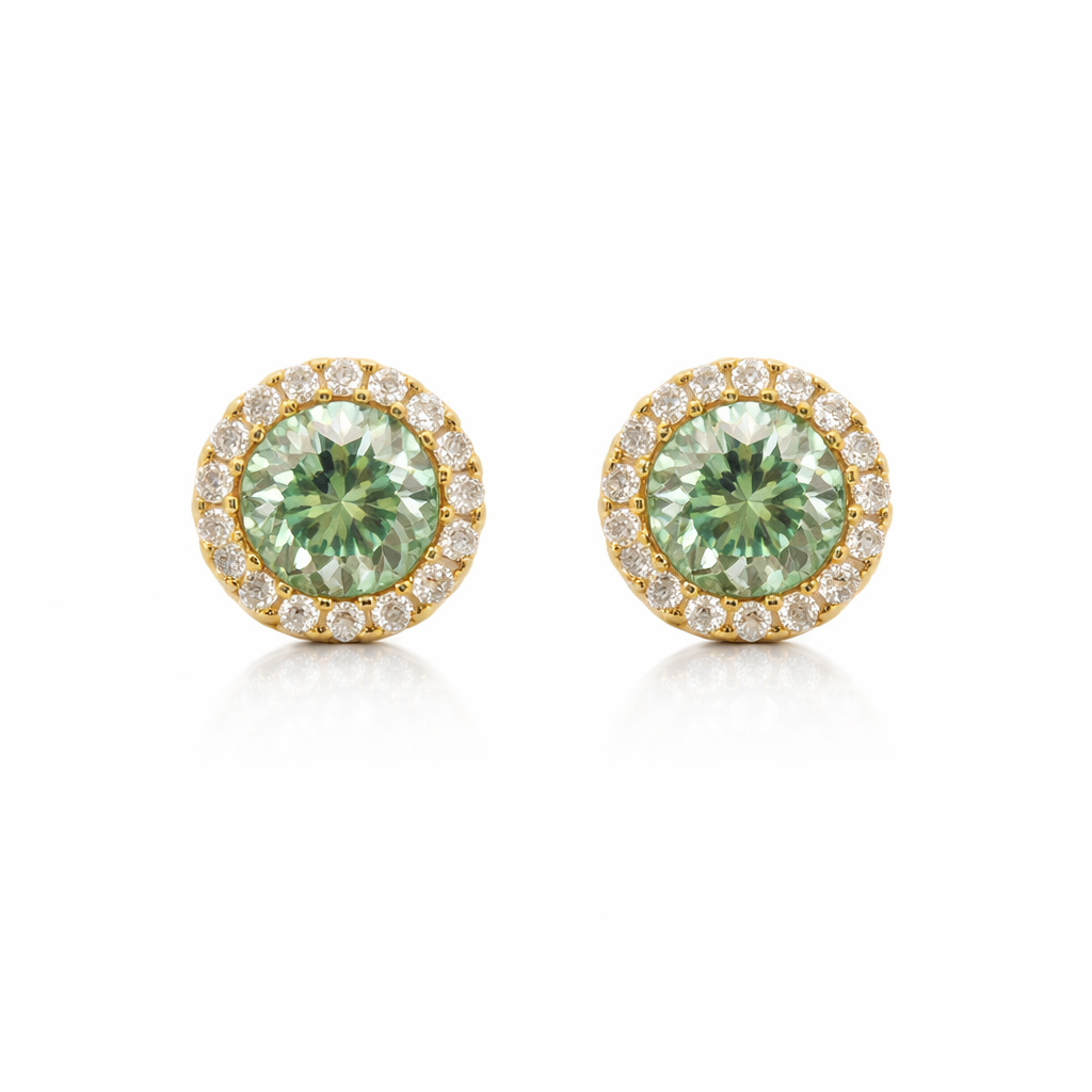 Sterling Silver 5.64 CTW Moissanite Green Stone Clear Halo Round Earrings
