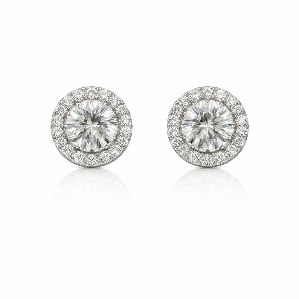 Sterling Silver 2.57 CTW Moissanite Halo 7mm Round Stud Earrings