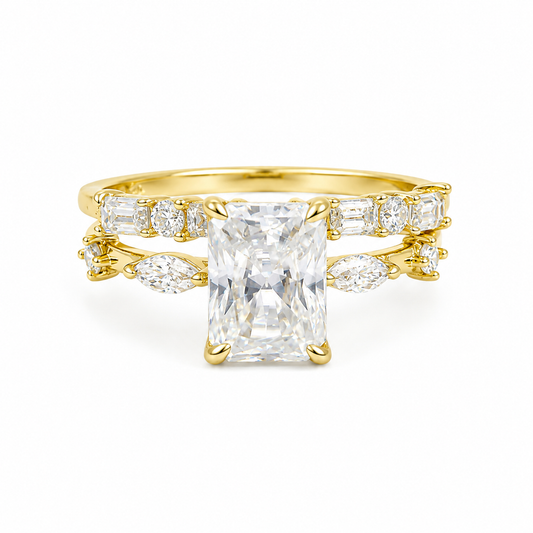 Sterling Silver Moissanite 2.0ct Radiant Cut Marquise Band, Baguette & Round Band Wedding Set