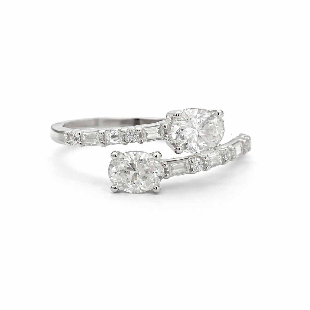 Sterling Silver 1.54 CTW Moissanite Oval Baguette Bypass Ring