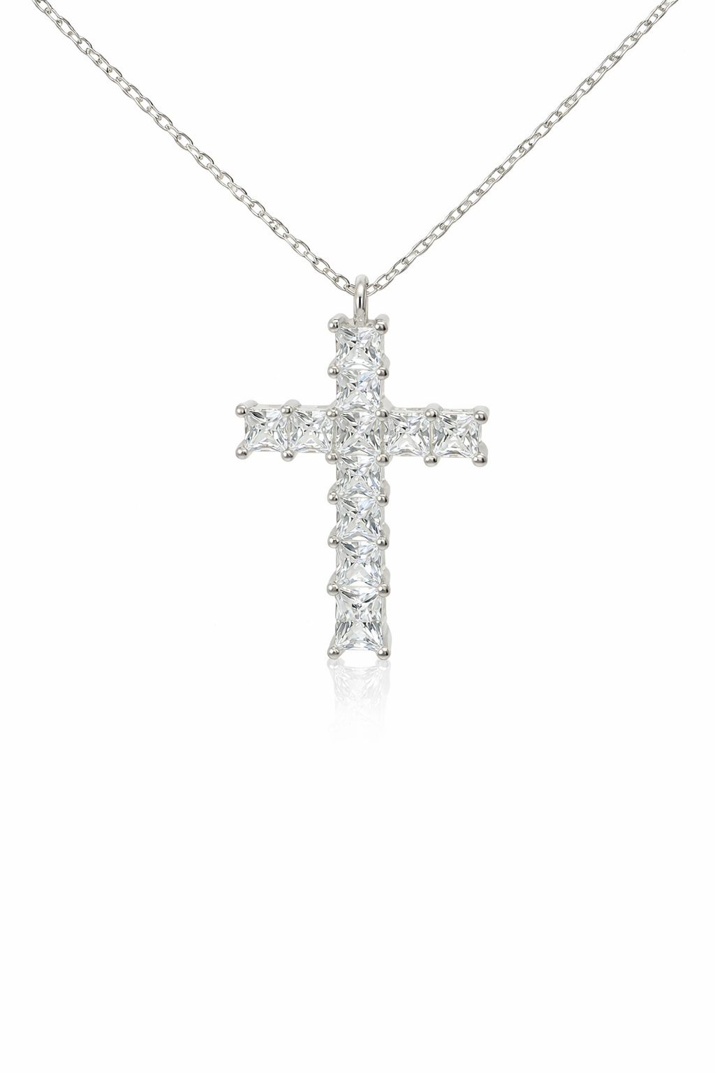 Sterling Silver Princess Cut Stone Cross Necklace