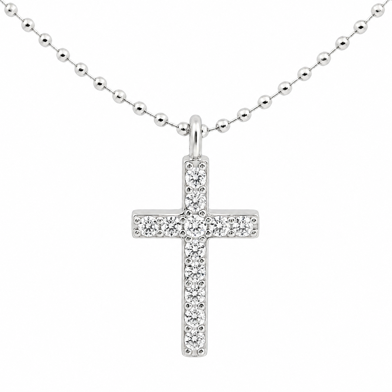 Sterling Silver CZ Cross Beaded Chain Necklace