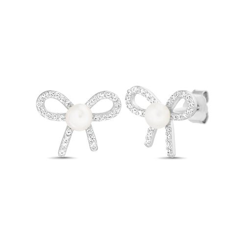 Sterling Silver CZ Ribbon Bow W/ Pearl Earrings - Allyanna Gifts