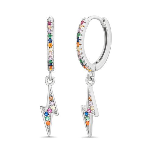 Sterling Silver Multi-Color CZ Dangling Lightning Bolt Huggie Earrings - Allyanna Gifts