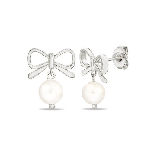 Sterling Silver Ribbon Bow W/ Dangling Pearl Earrings - Allyanna Gifts