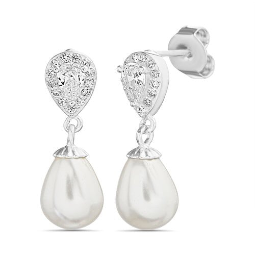 Sterling Silver Teardrop Pear CZ W/ Dangling Pearl Earrings - Allyanna Gifts