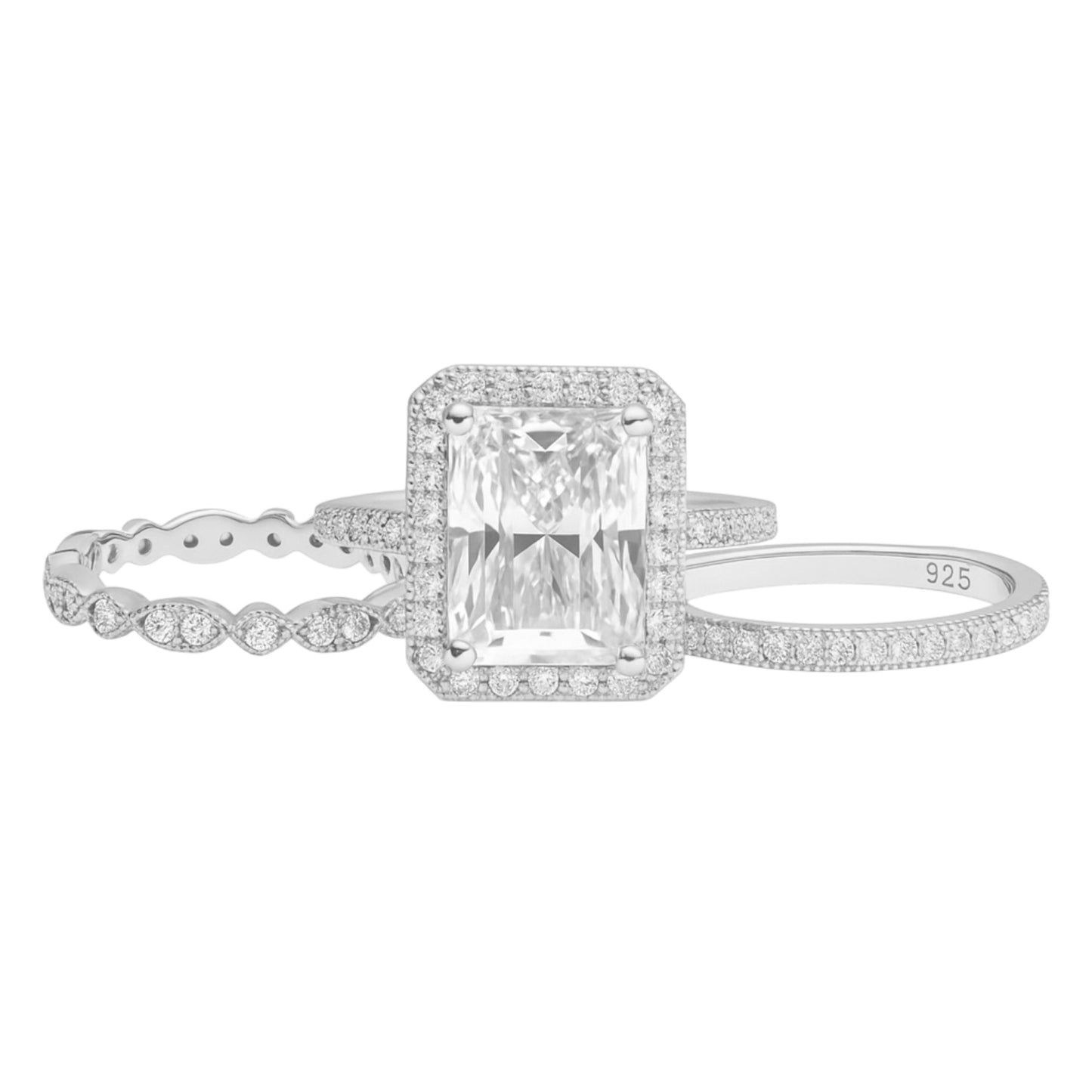 Sterling Silver 3.0ct Radiant Cut Halo Moissanite Three Ring Set
