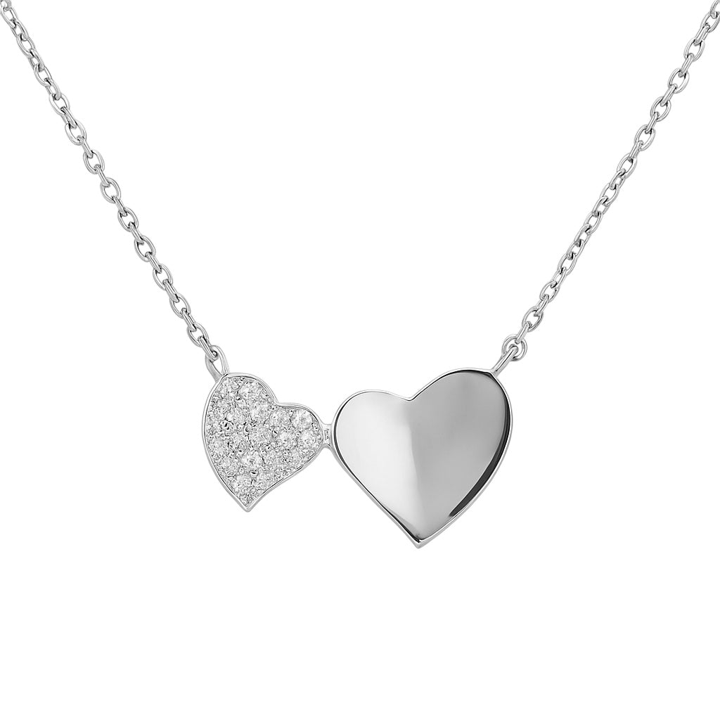 Sterling Silver CZ & Plain Double Heart Adjustable Necklace