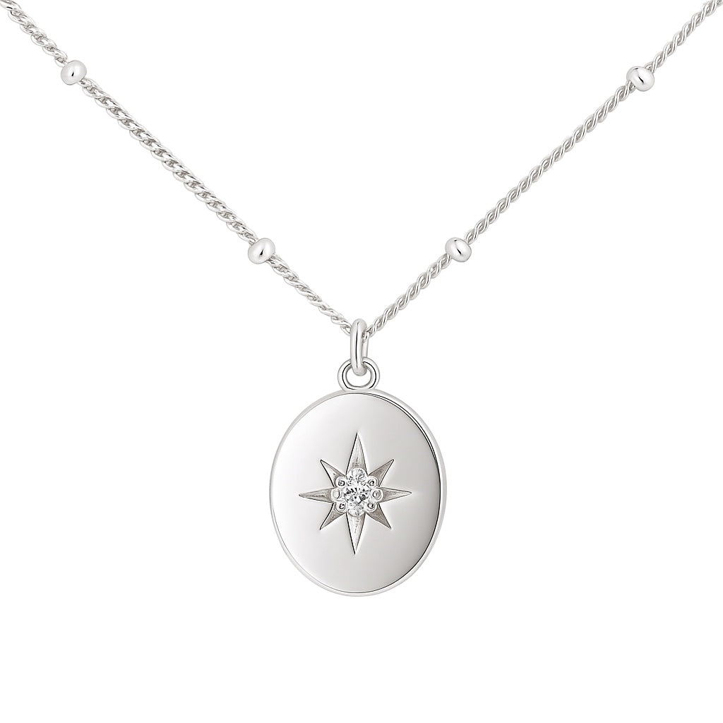 Sterling Silver CZ North Star Oval Pendant Beaded Station Necklace