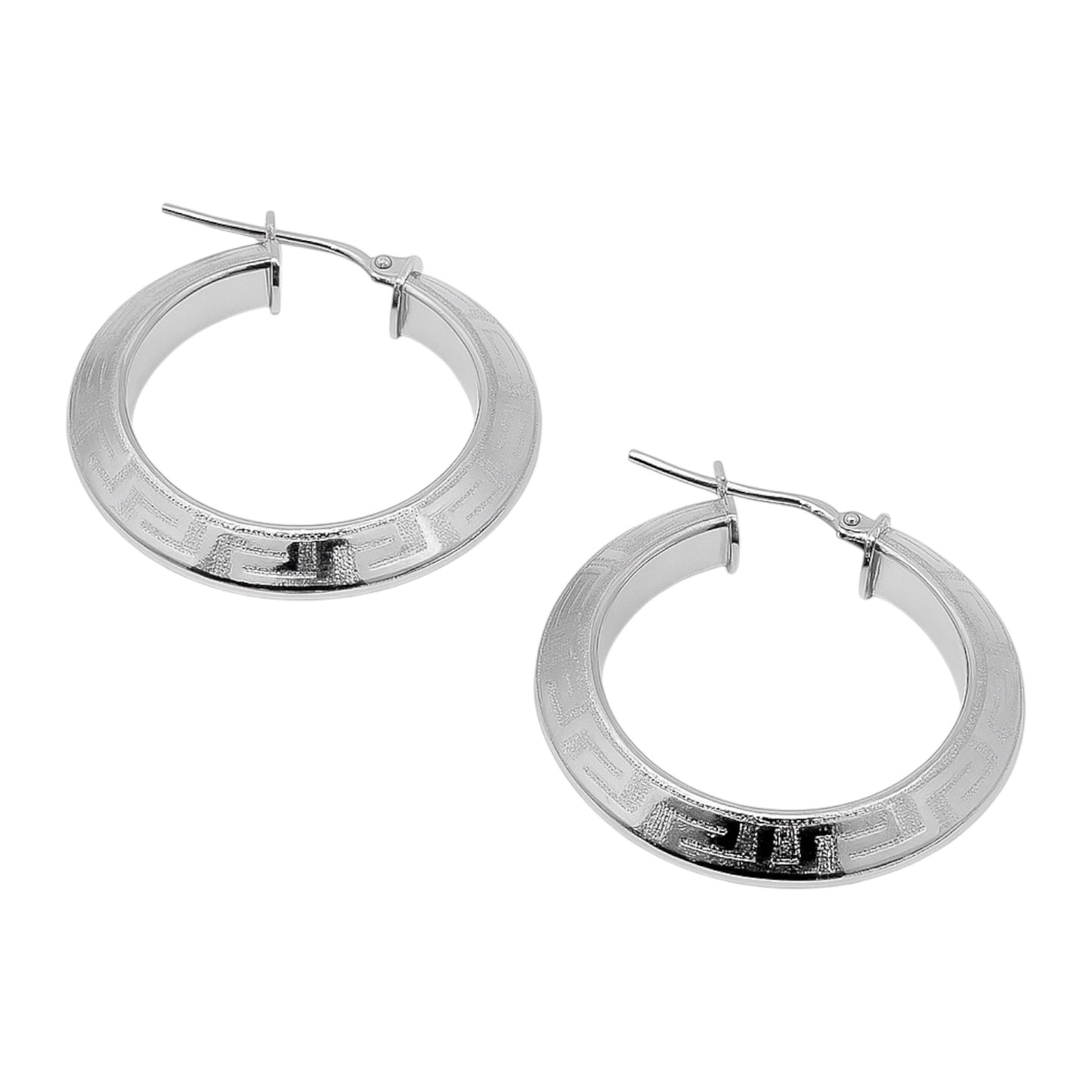 Sterling Silver Rhodium Greek Key Design Beveled Hoop Earrings