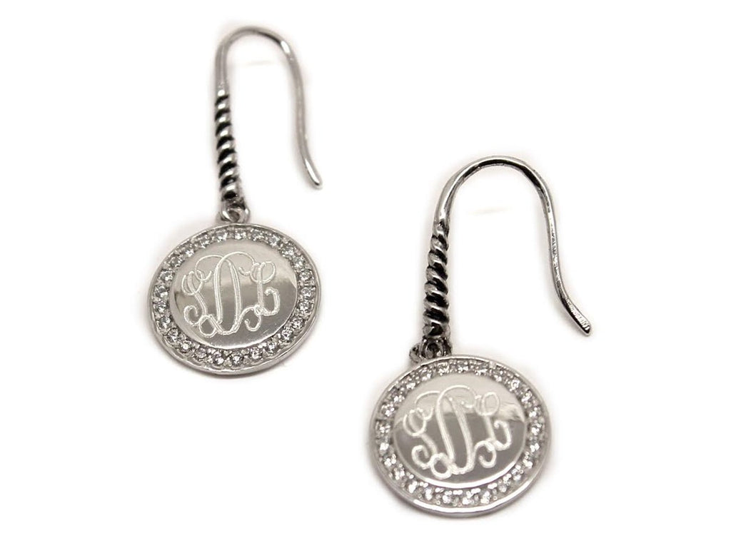 Engravable Sterling Silver Round CZ Drop Earrings - Allyanna GiftsMONOGRAM + ENGRAVING