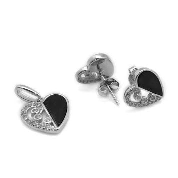 Half Black/Half CZ Heart Post Earrings and Necklace Pendant Set - Allyanna GiftsEARRINGS