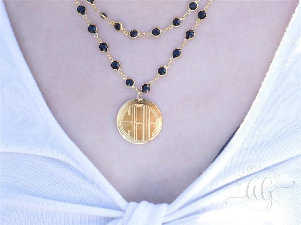 Layered Crystal Beaded Necklace with Engravable Stainless Steel Disc - Allyanna GiftsMONOGRAM + ENGRAVING