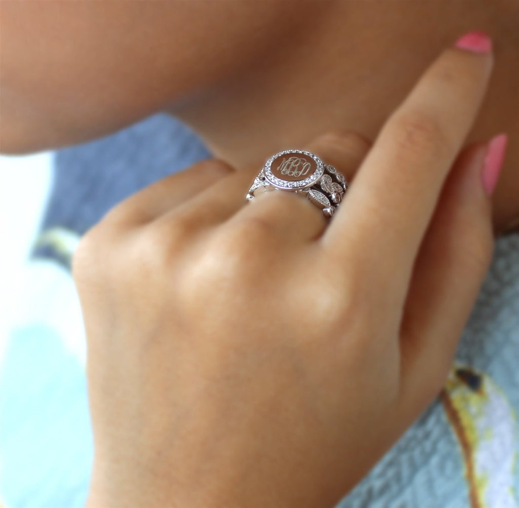 Monogrammed Decorative Stackable Sterling Silver CZ Border Rings - Allyanna GiftsJEWELRY