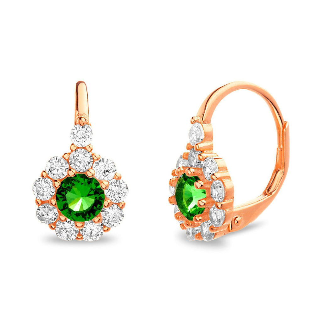 Rose Gold CZ Lever Back Flower Design With Emerald Stone - Allyanna GiftsEARRINGS