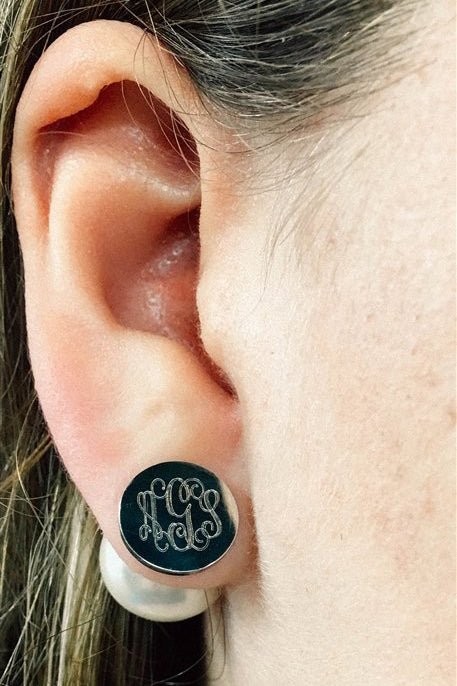 Stainless Steel Silver Monogram Earrings with Pearl Backs - Allyanna GiftsMONOGRAM + ENGRAVING