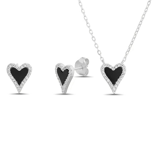 Sterling Silver Black Onyx Heart W/ CZ Halo Necklace/Earrings Set - Allyanna Gifts