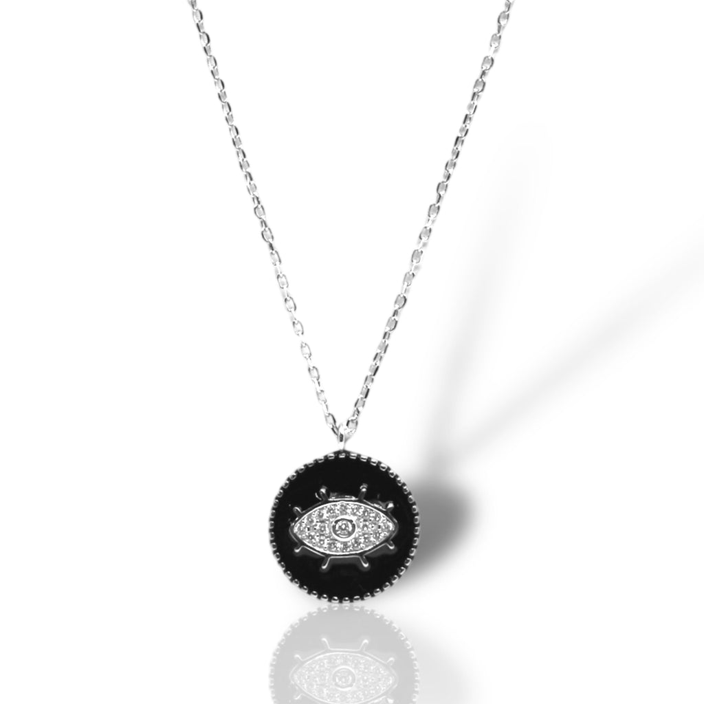 Sterling Silver Circle Pendant Evil Eye Necklace w/ Black Enamel - Allyanna GiftsNECKLACE